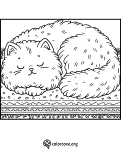 Coloring page of a fluffy cat sleeping peacefully on a patterned rug. Perfect for kids and cat lovers.