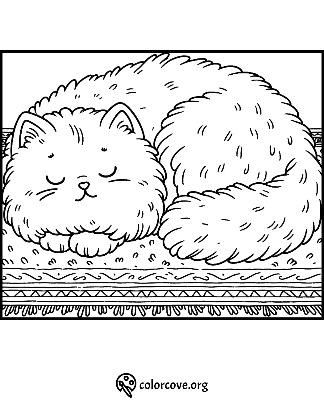 Coloring page of a fluffy cat sleeping peacefully on a patterned rug. Perfect for kids and cat lovers.