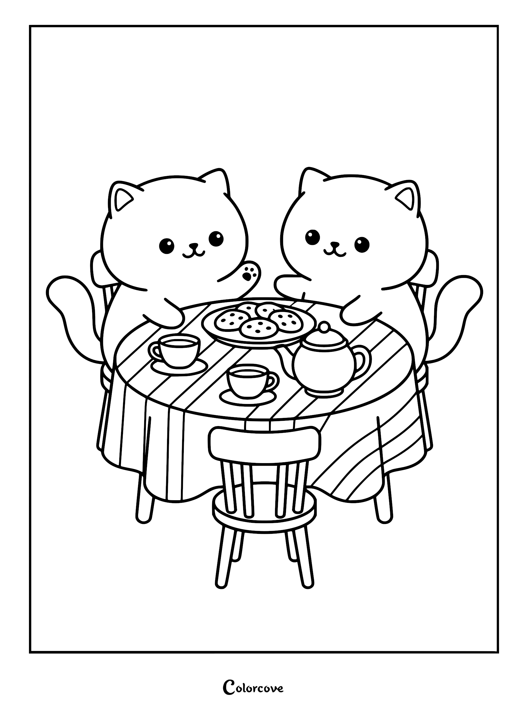Two cute Persian cats sitting at a round table with a teapot, teacups, and a plate of cookies in this printable coloring page.
