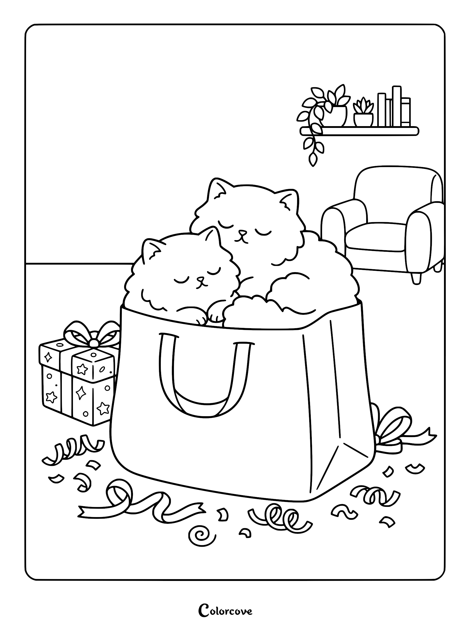 Two fluffy Persian cats sleeping inside a large gift bag surrounded by confetti and a present on a coloring page.