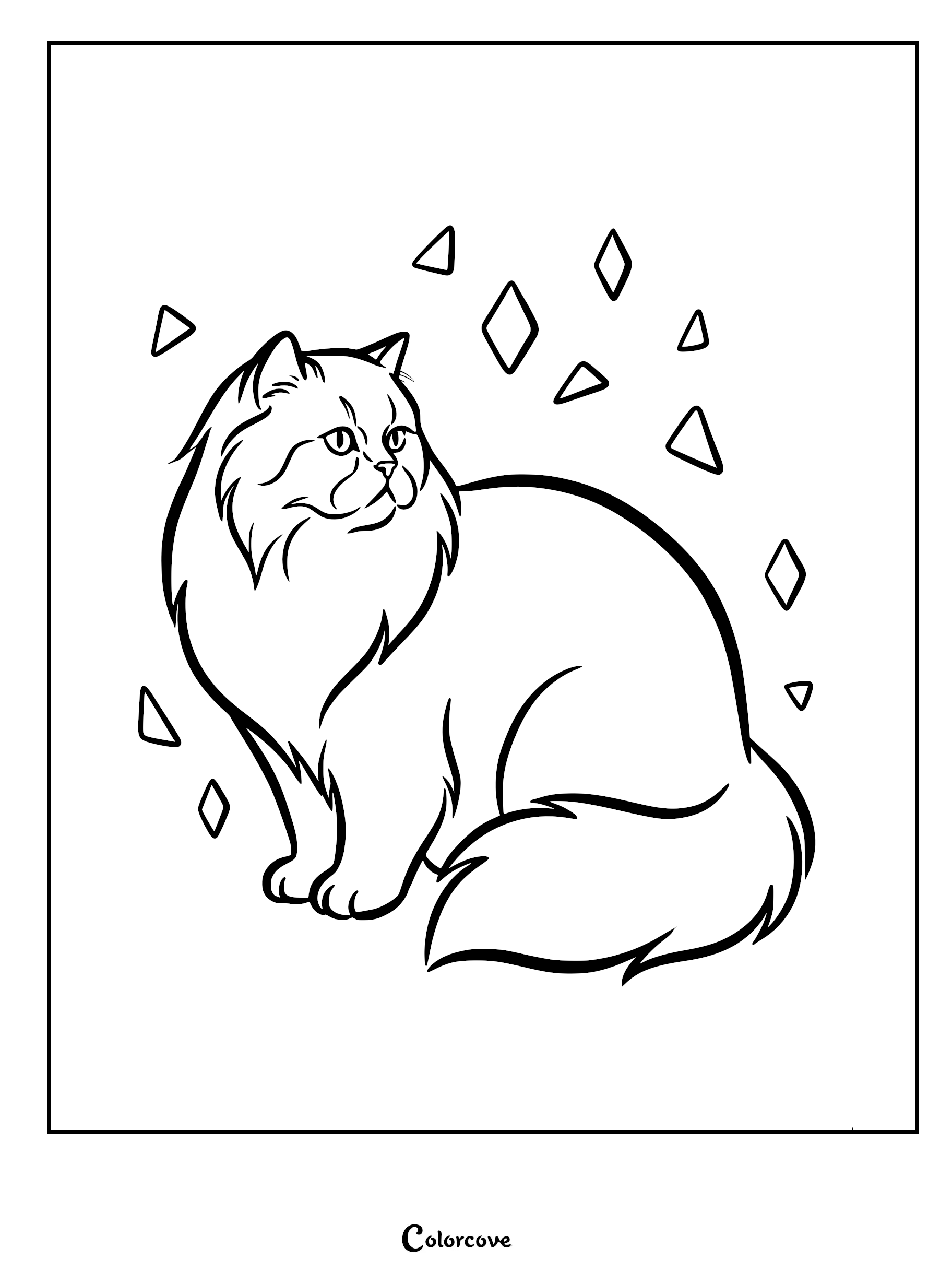 A fluffy Persian cat sitting amidst floating diamond shapes in this printable coloring page.