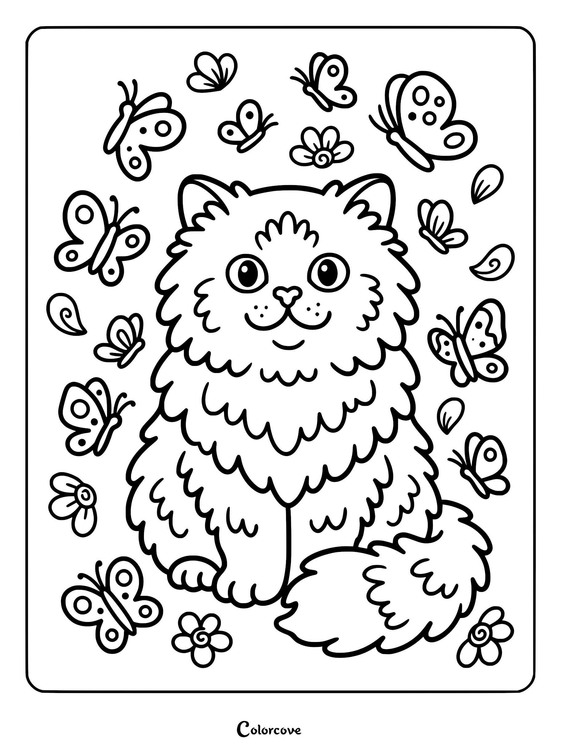 A fluffy Persian cat sitting surrounded by flying butterflies in this printable coloring page.