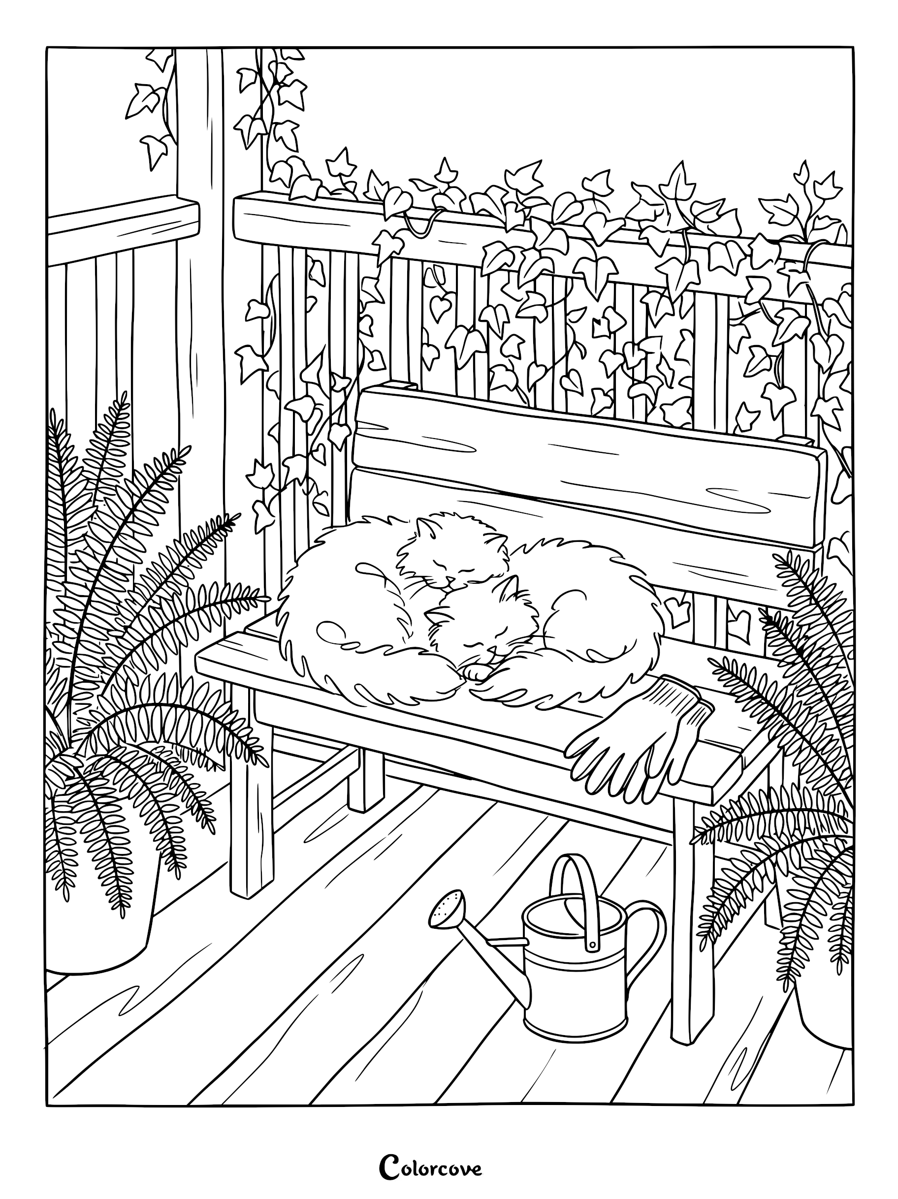 Two fluffy Persian cats curled up sleeping together on a wooden garden bench surrounded by ivy and ferns, a coloring page featuring a watering can and gardening gloves.