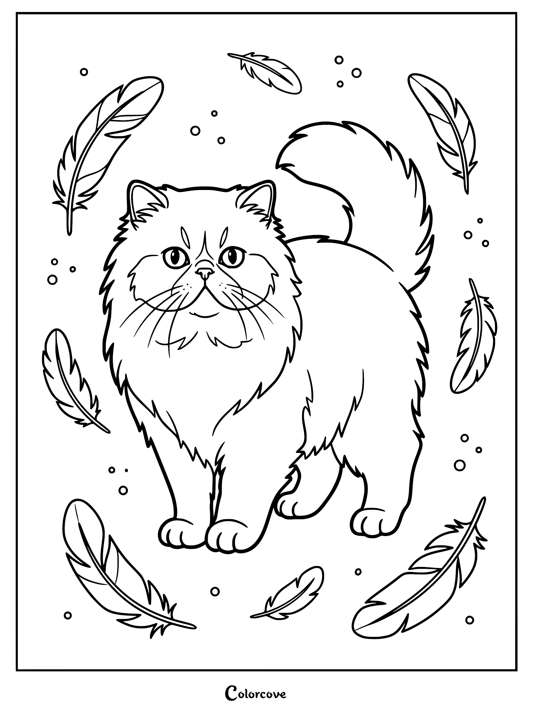 A cute Persian cat standing surrounded by floating feathers in this printable coloring page.