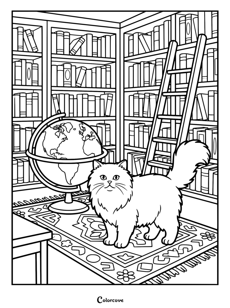 A fluffy Persian cat standing on a patterned rug in a library next to a globe and a wooden ladder, coloring page.