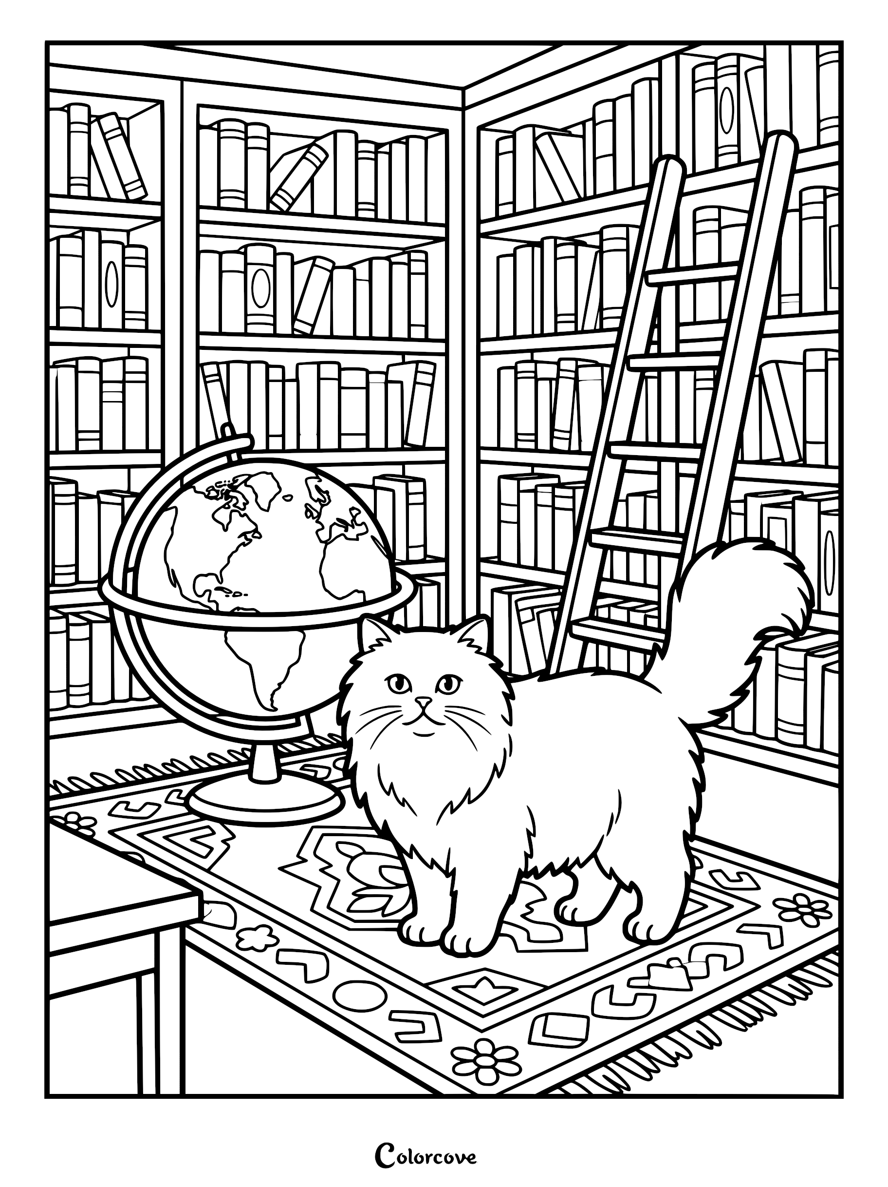 A fluffy Persian cat standing on a patterned rug in a library next to a globe and a wooden ladder, coloring page.