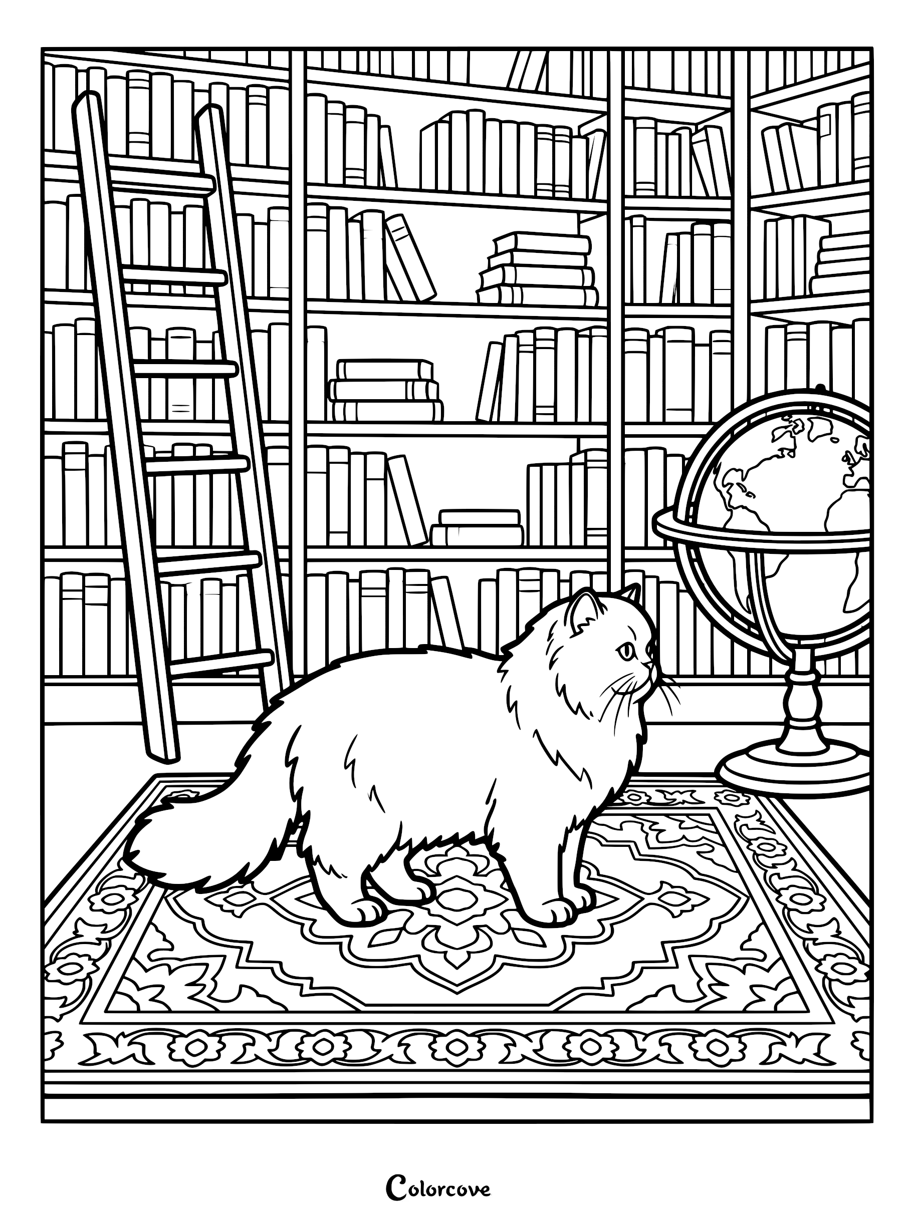 A fluffy Persian cat standing on an ornate rug in a library with a rolling ladder and a globe, black and white coloring page.