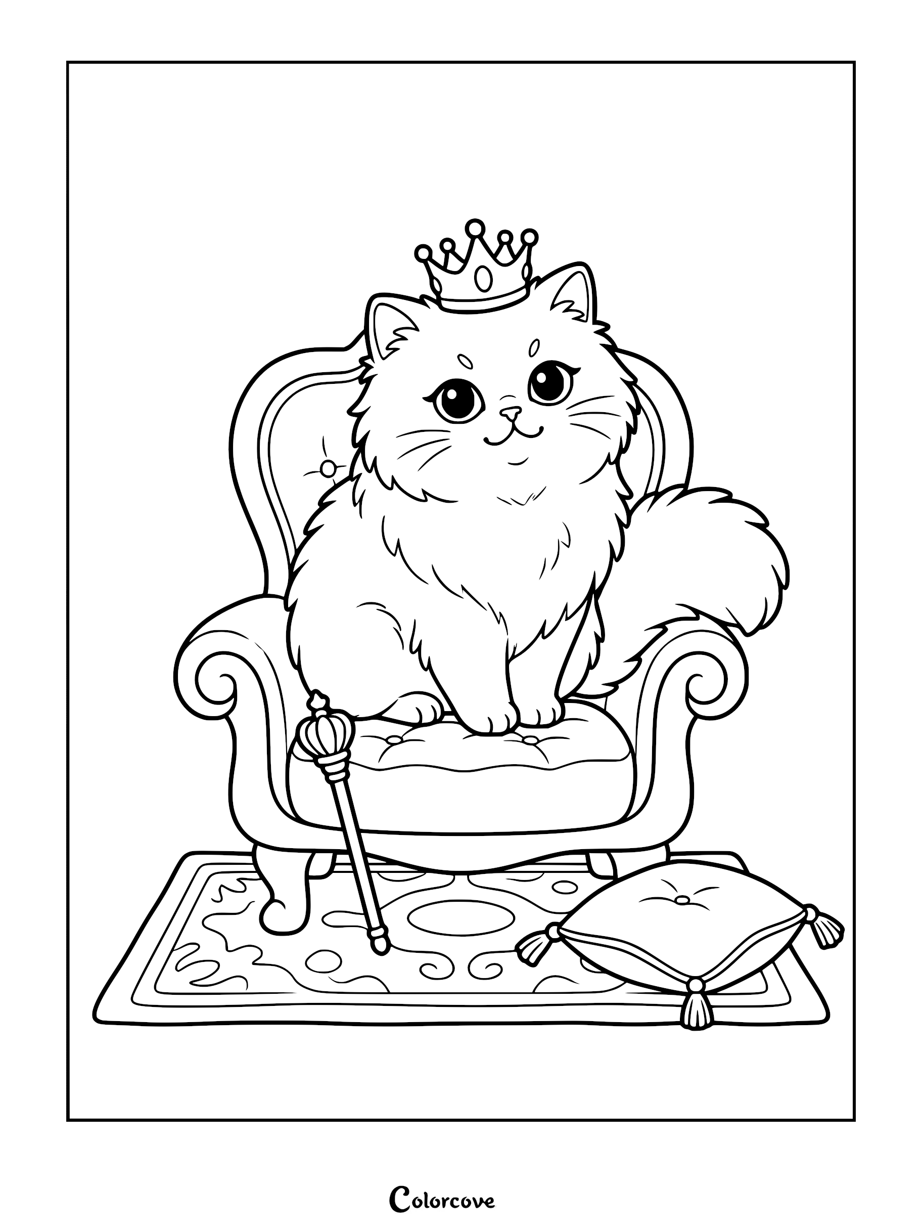 A fluffy Persian cat wearing a crown sitting on an ornate armchair with a scepter and pillow on a rug in this coloring page.