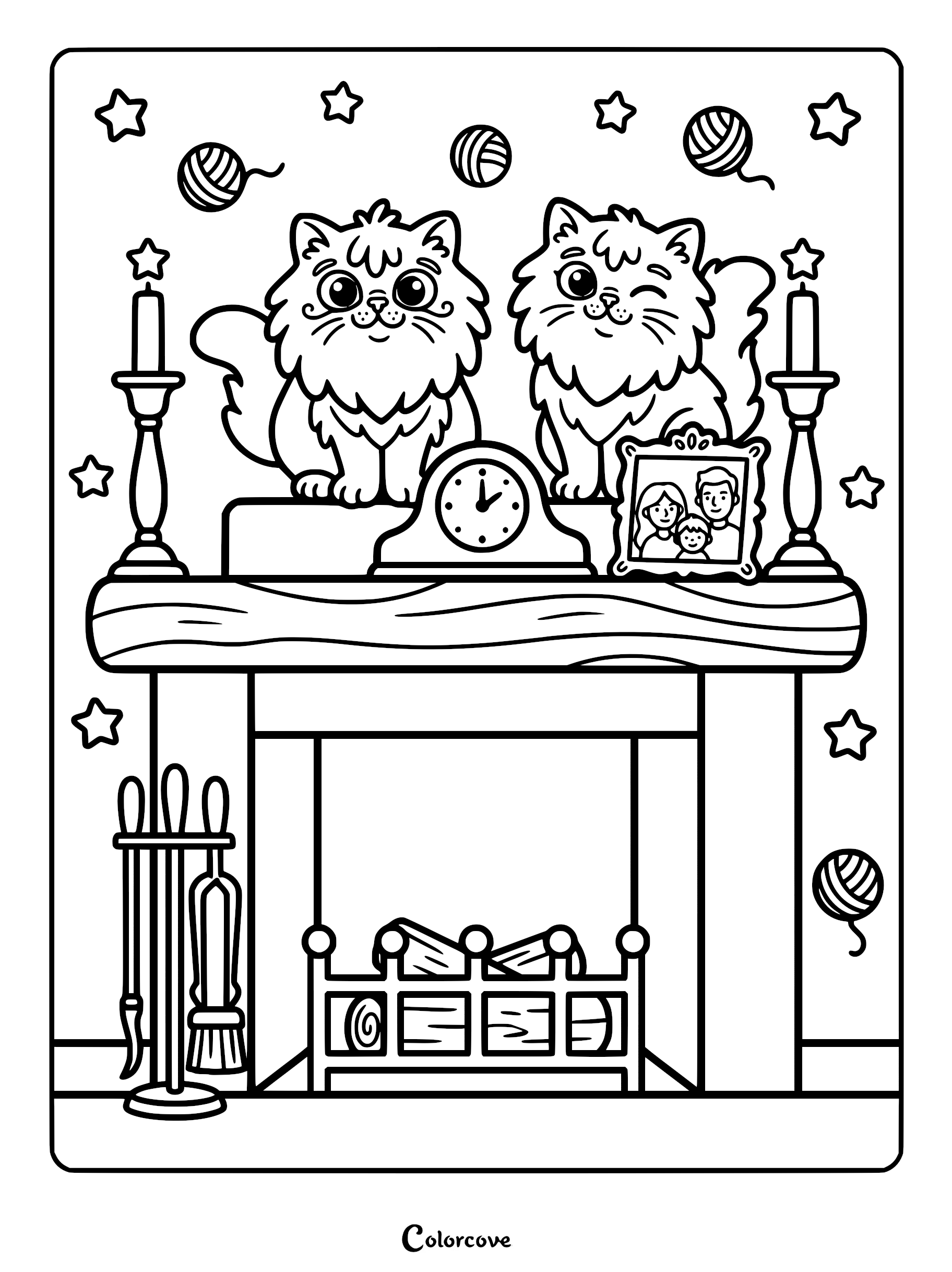 Two fluffy Persian cats sitting on a fireplace mantel with a clock, family photo, candles, and yarn balls in this printable coloring page.