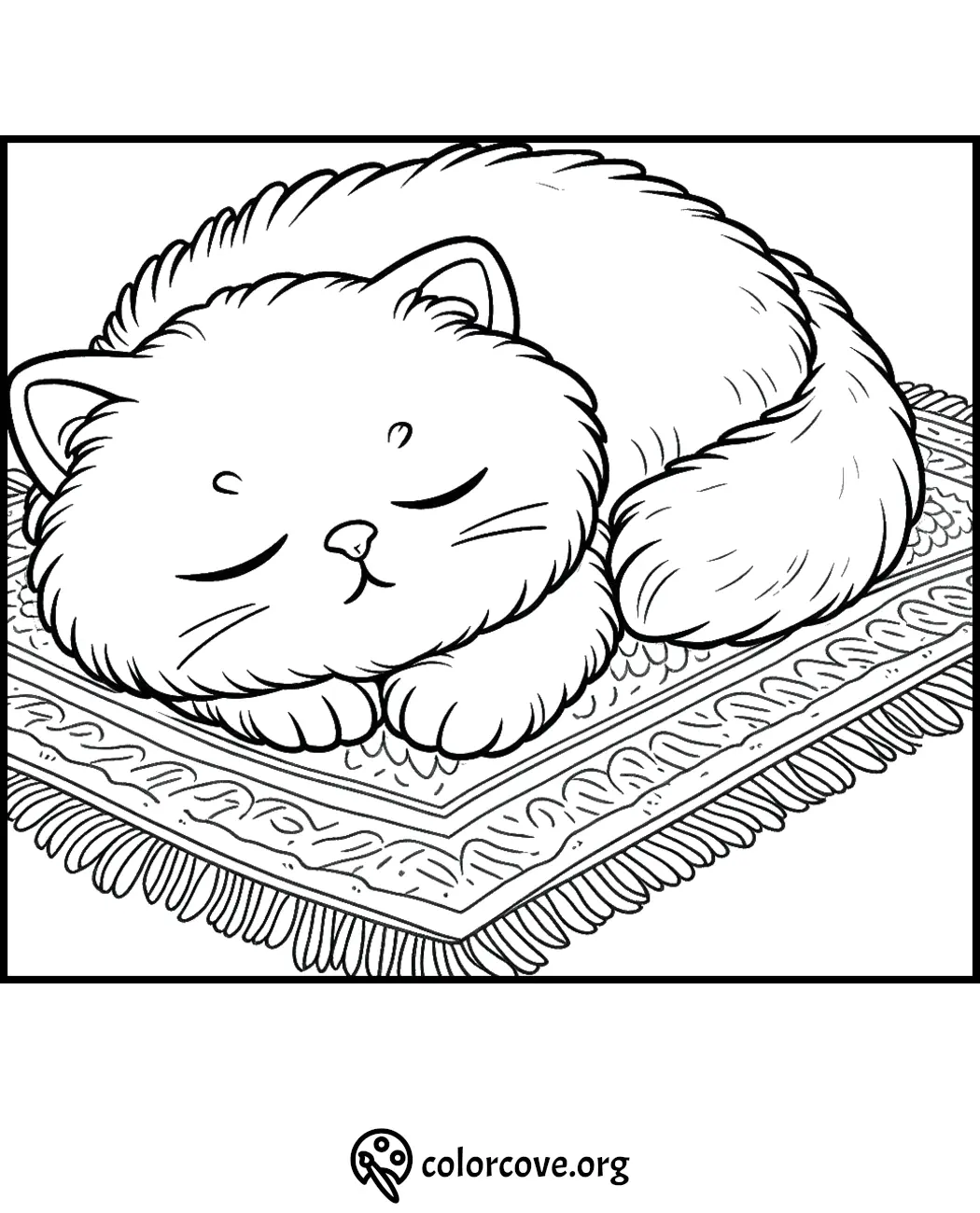 Sleeping cat coloring page on a patterned mat. Printable for kids and adults. Free download from colorcove.org.