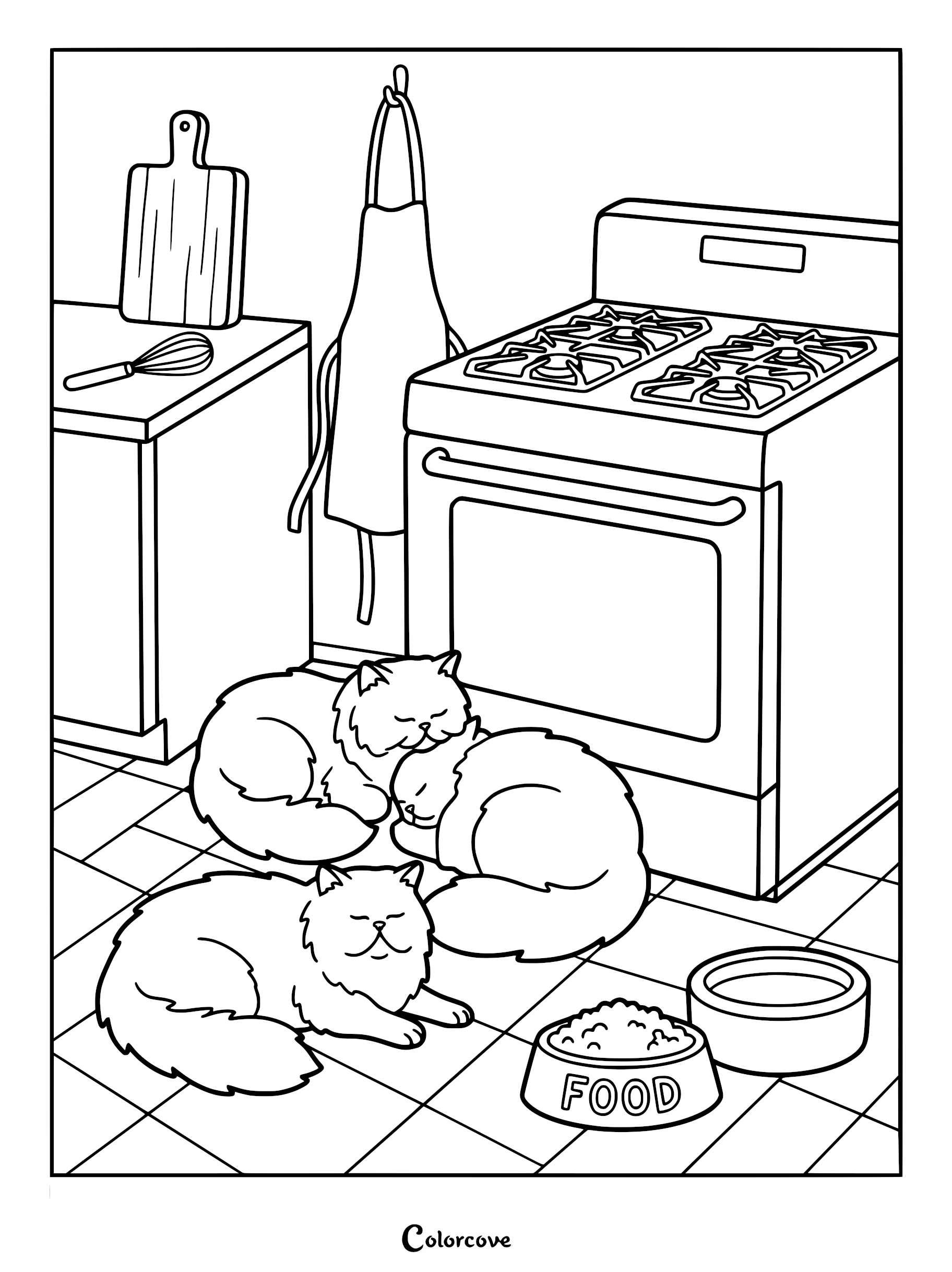 Three fluffy Persian cats relaxing on a kitchen floor near a stove and food bowls in this printable coloring page.