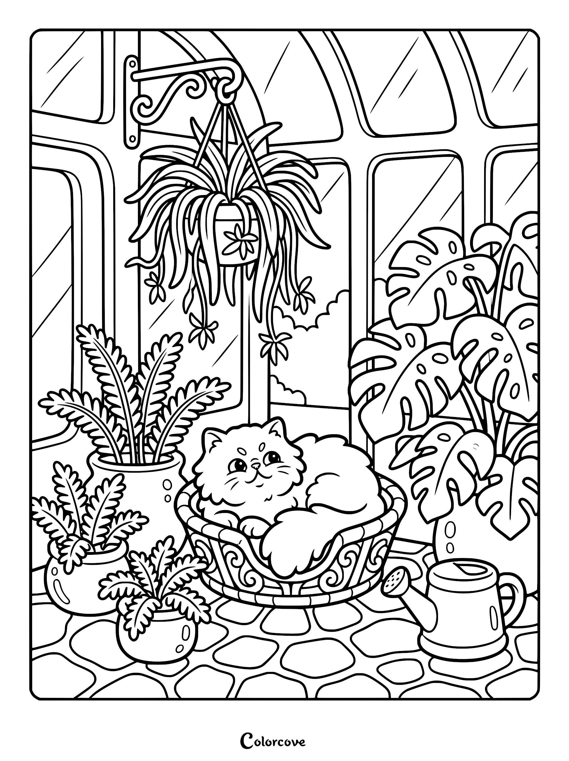 A fluffy Persian cat curled up in a woven basket inside a sunlit greenhouse, surrounded by potted ferns, monstera plants, and a watering can, line art coloring page.