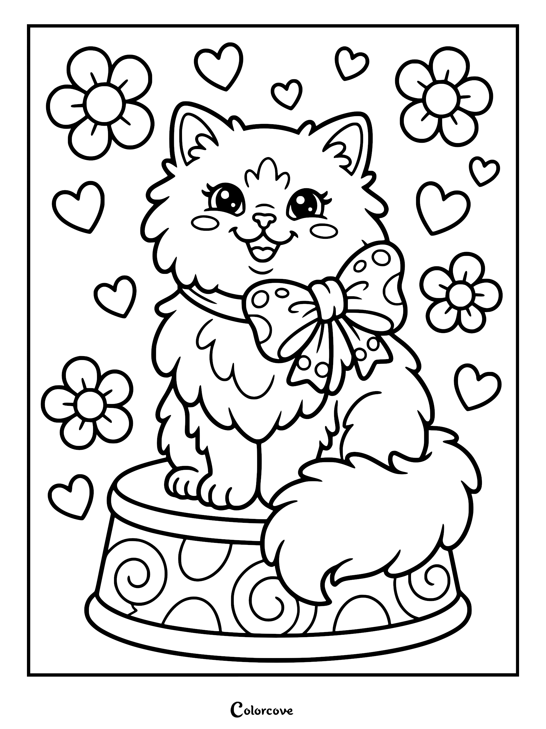A fluffy Persian cat wearing a large polka-dot bow sitting on a pedestal surrounded by flowers and hearts in this coloring page.