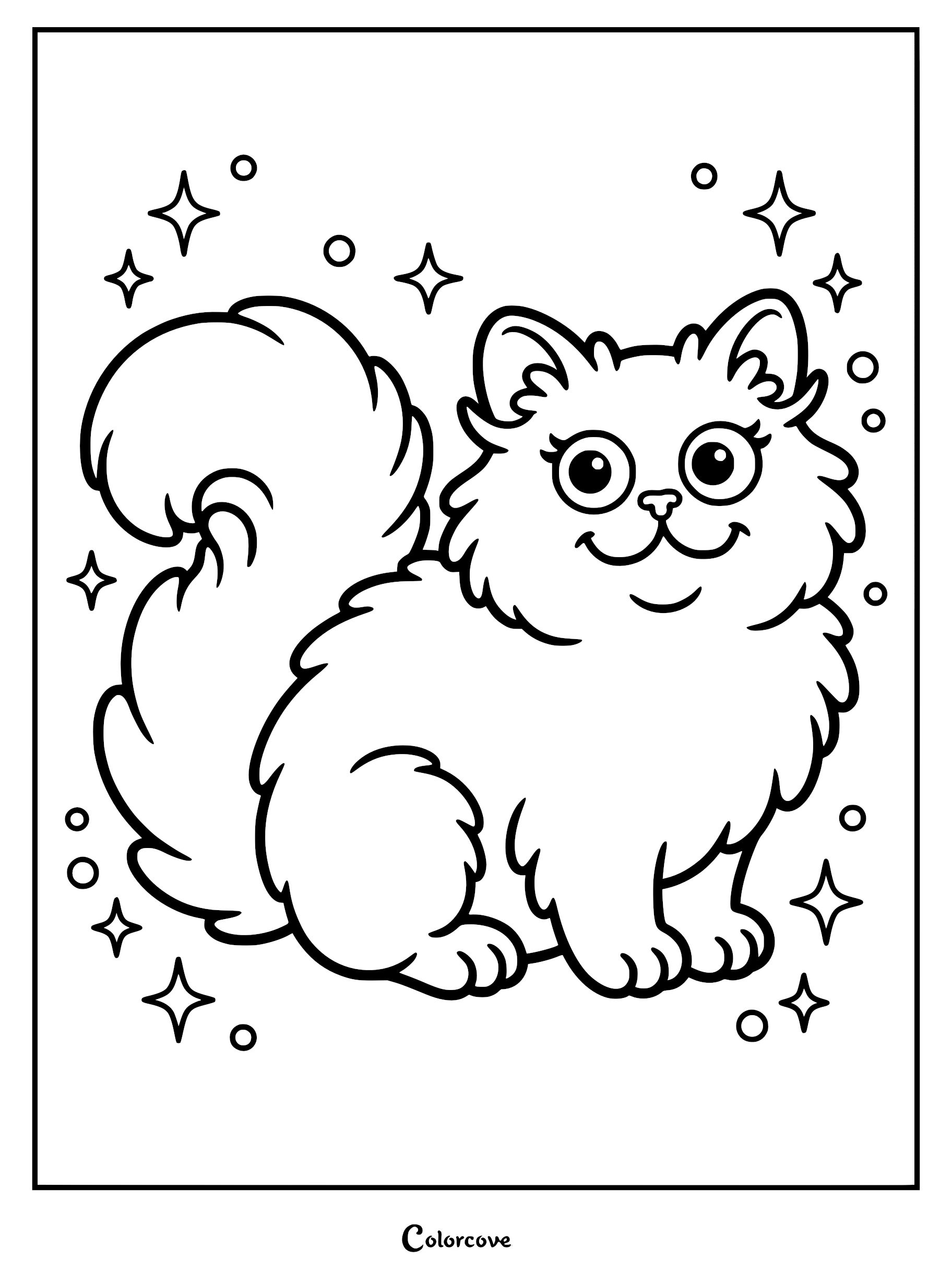 A cute fluffy Persian cat with large eyes surrounded by stars and bubbles in a printable coloring page.
