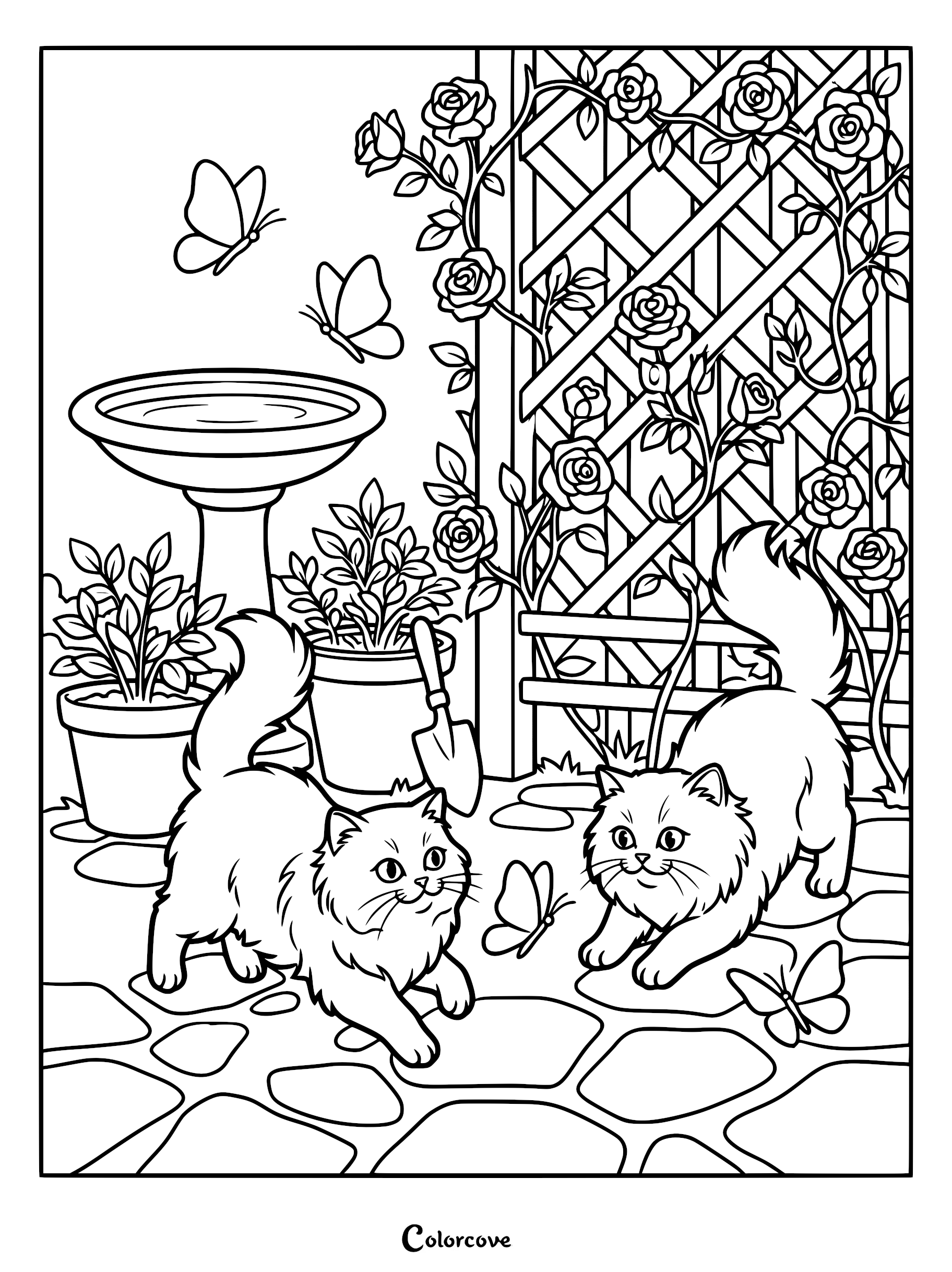 Two fluffy Persian cats playing with butterflies near a rose trellis and birdbath in a garden coloring page.
