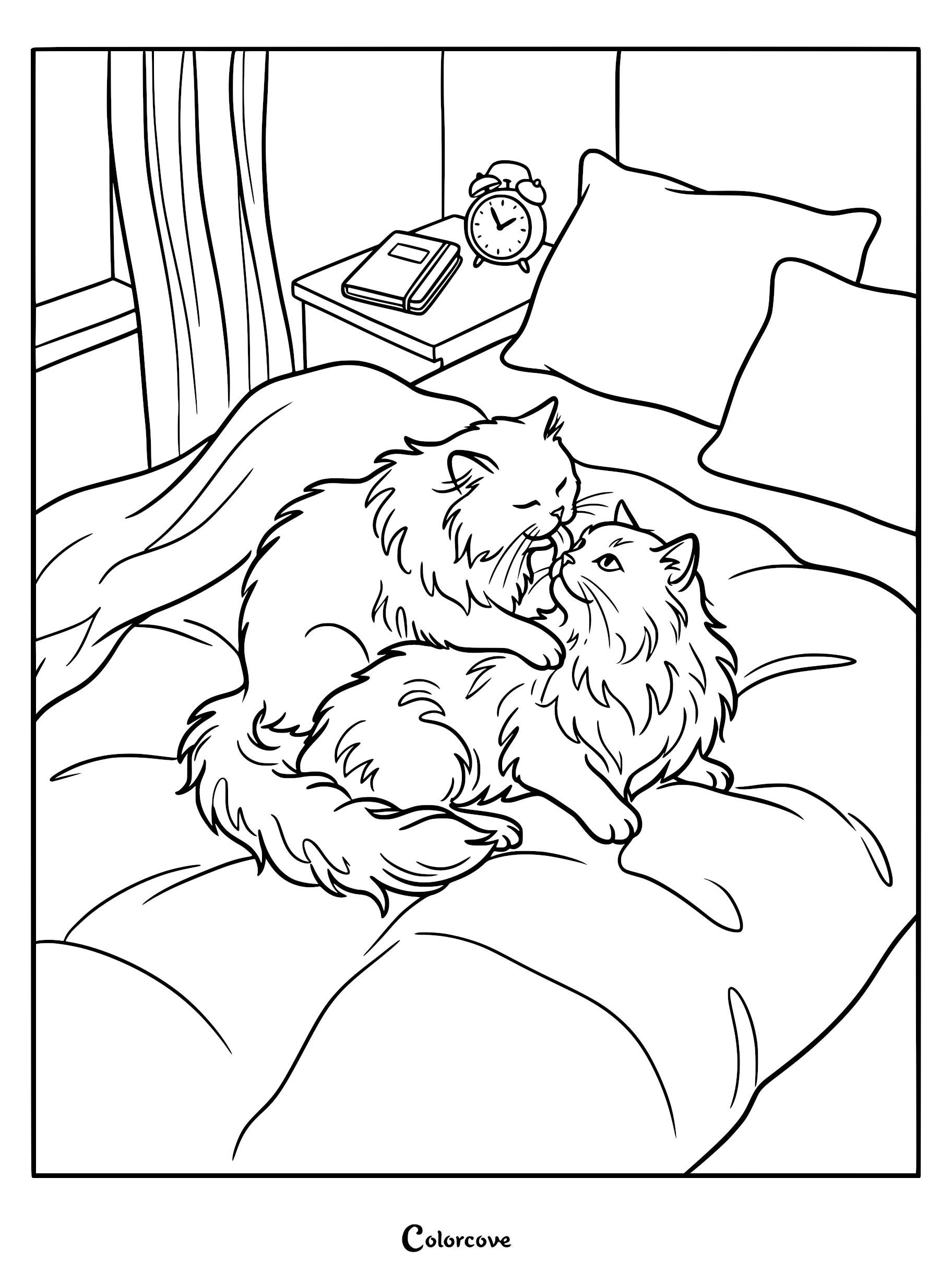 Two fluffy Persian cats grooming each other on a bed with an alarm clock and book on the nightstand in this printable coloring page.