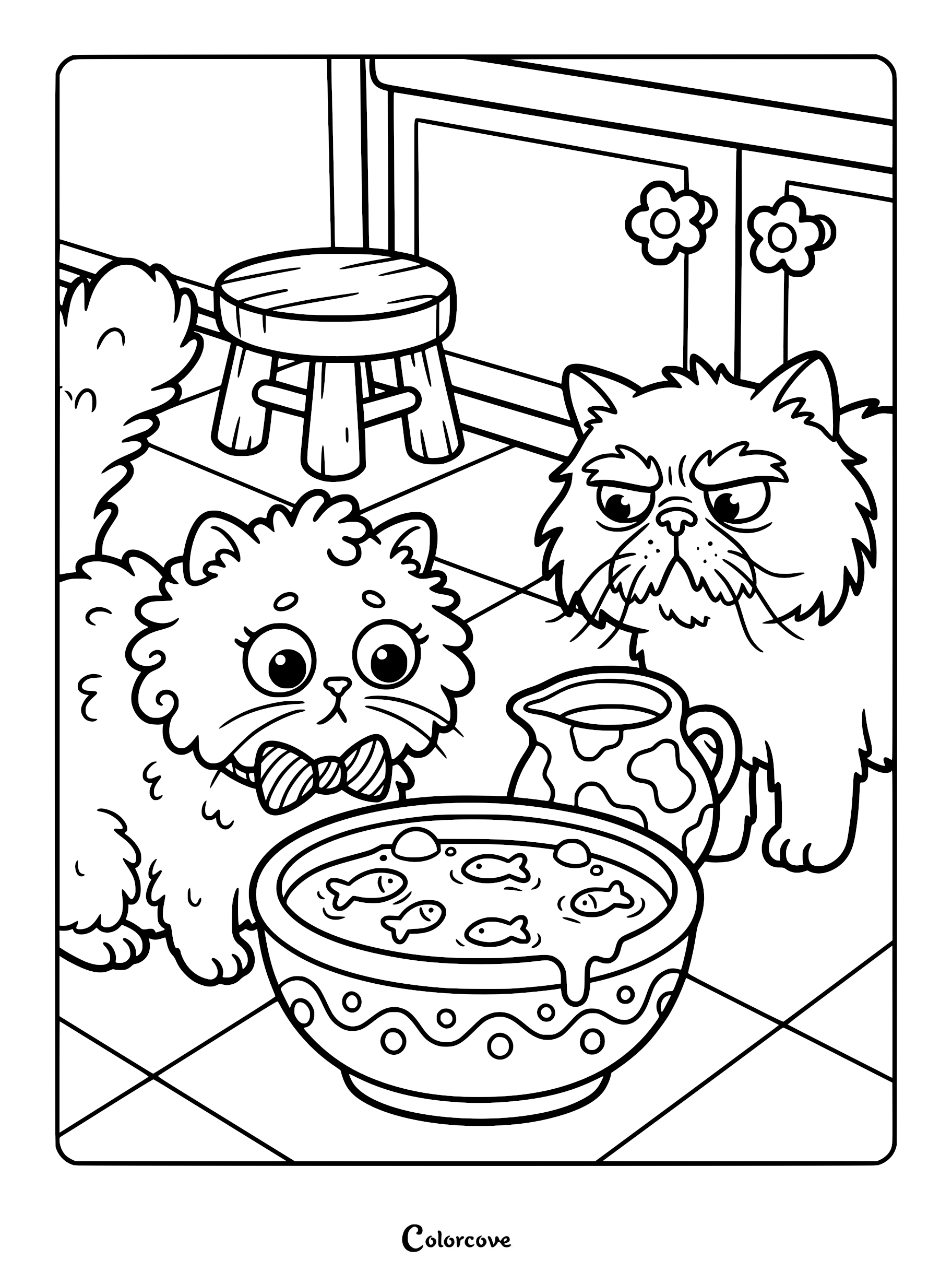 Two fluffy Persian cats looking at a bowl of fish in a kitchen setting, line art coloring page.