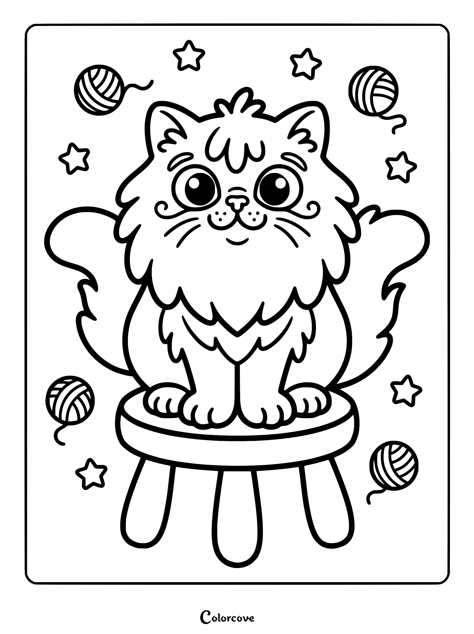 A cute fluffy Persian cat sitting on a small stool surrounded by yarn balls and stars in this printable coloring page.