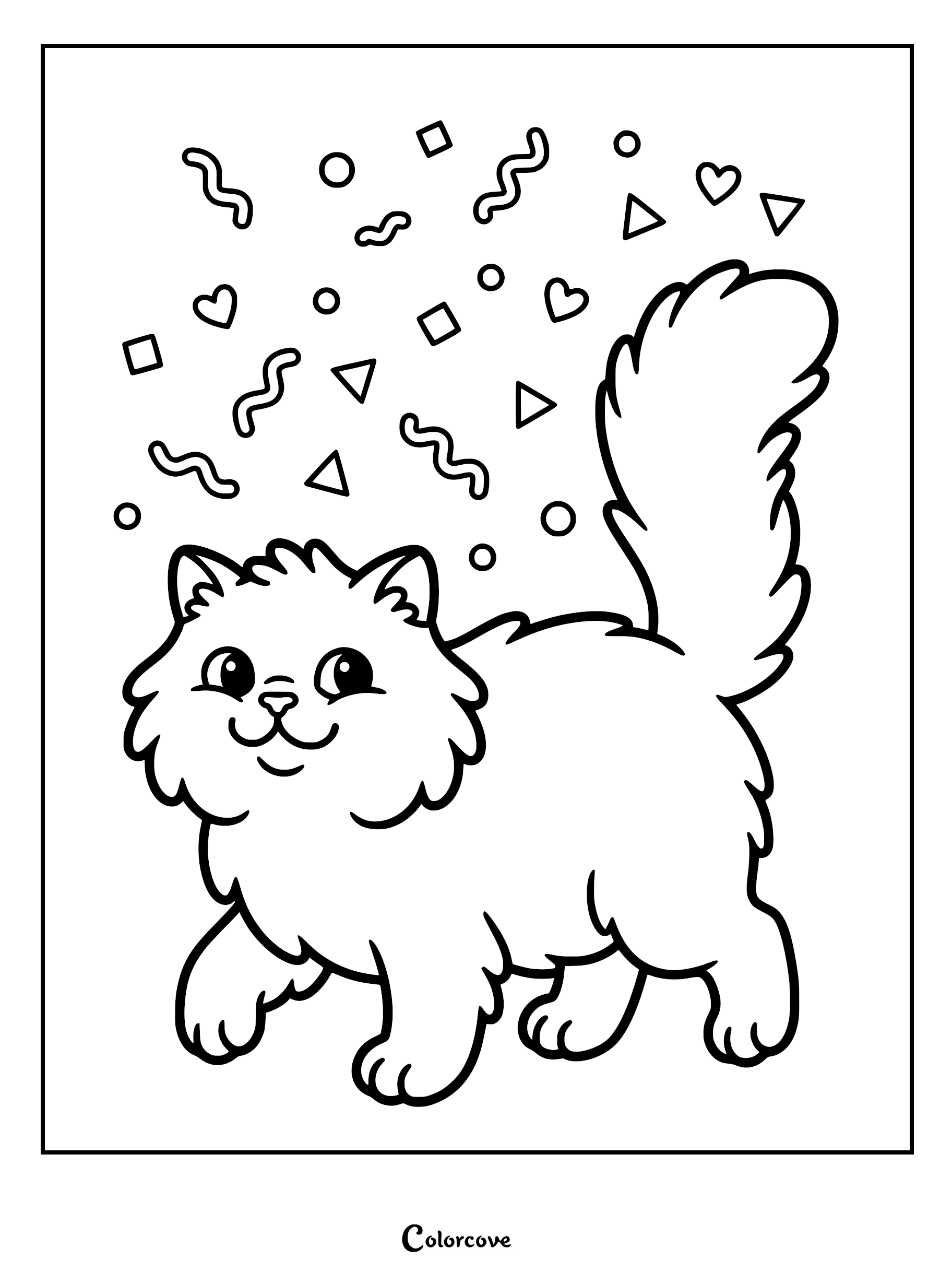 A fluffy Persian cat walking under falling confetti shapes in this printable coloring page.