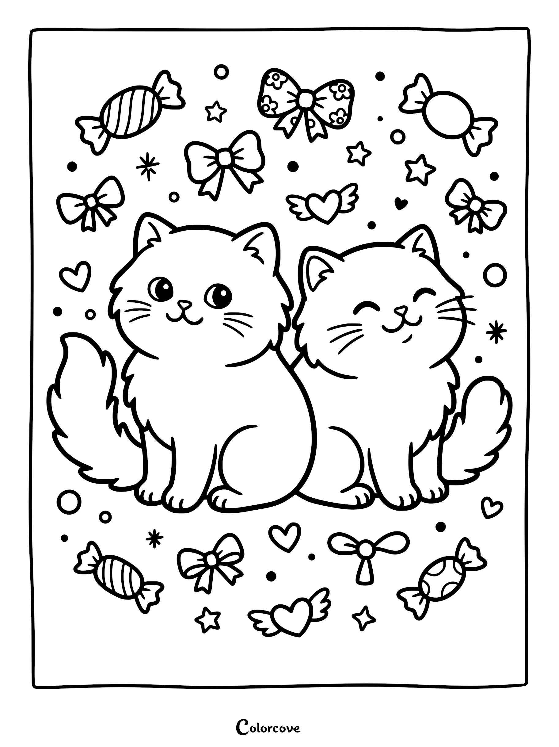 Two fluffy Persian cats sitting together surrounded by candy, bows, hearts, and stars in this printable coloring page.