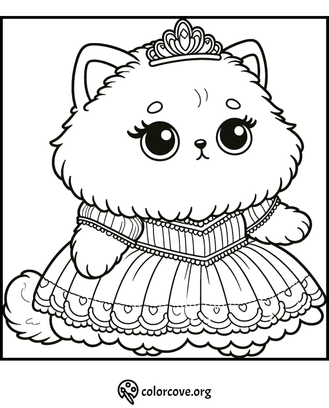 Coloring page of a cute fluffy animal in a princess dress and tiara. Free printable coloring sheet.