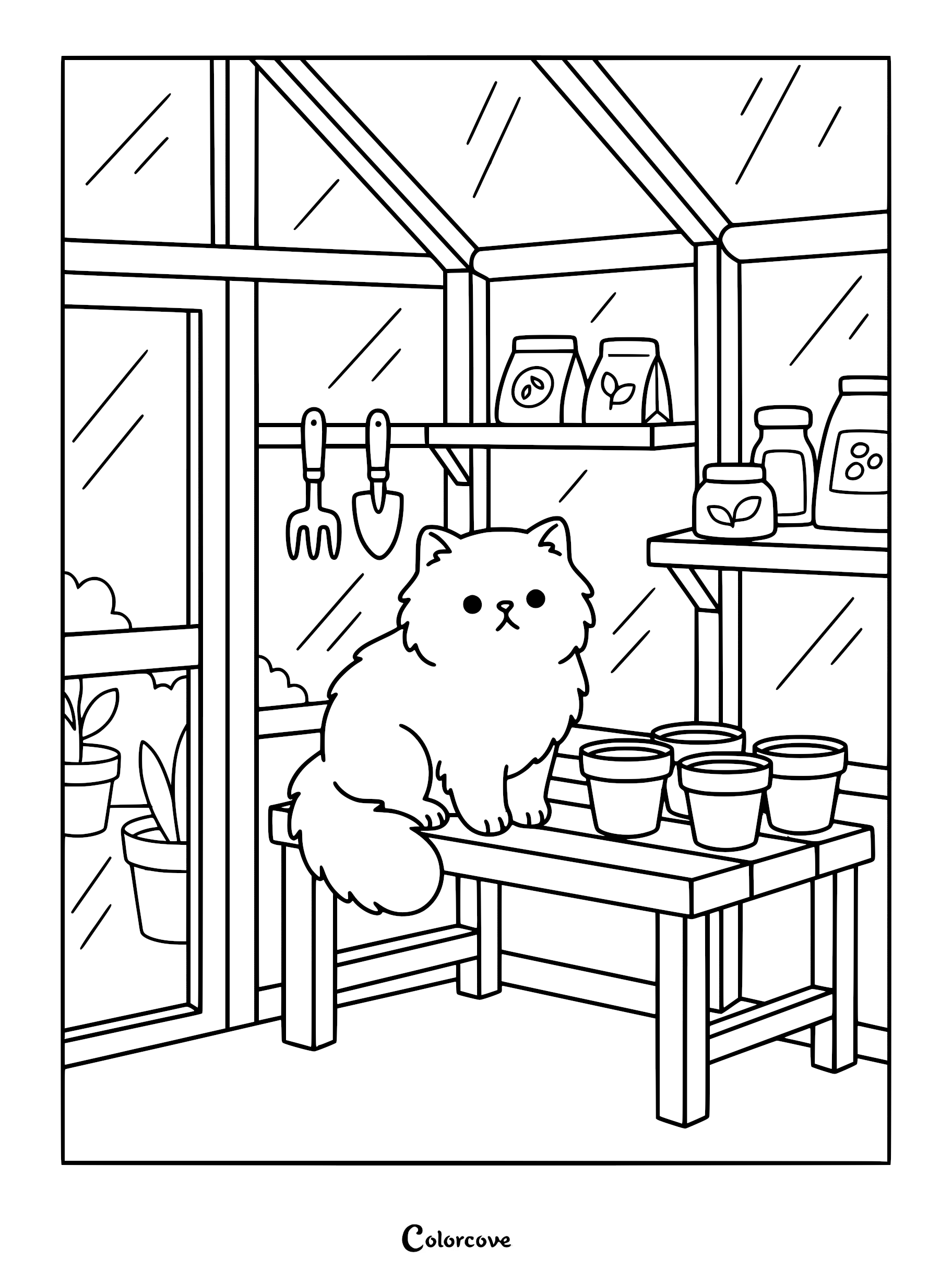 A fluffy Persian cat sitting on a wooden bench inside a greenhouse, surrounded by gardening tools and potted plants in this printable coloring page.