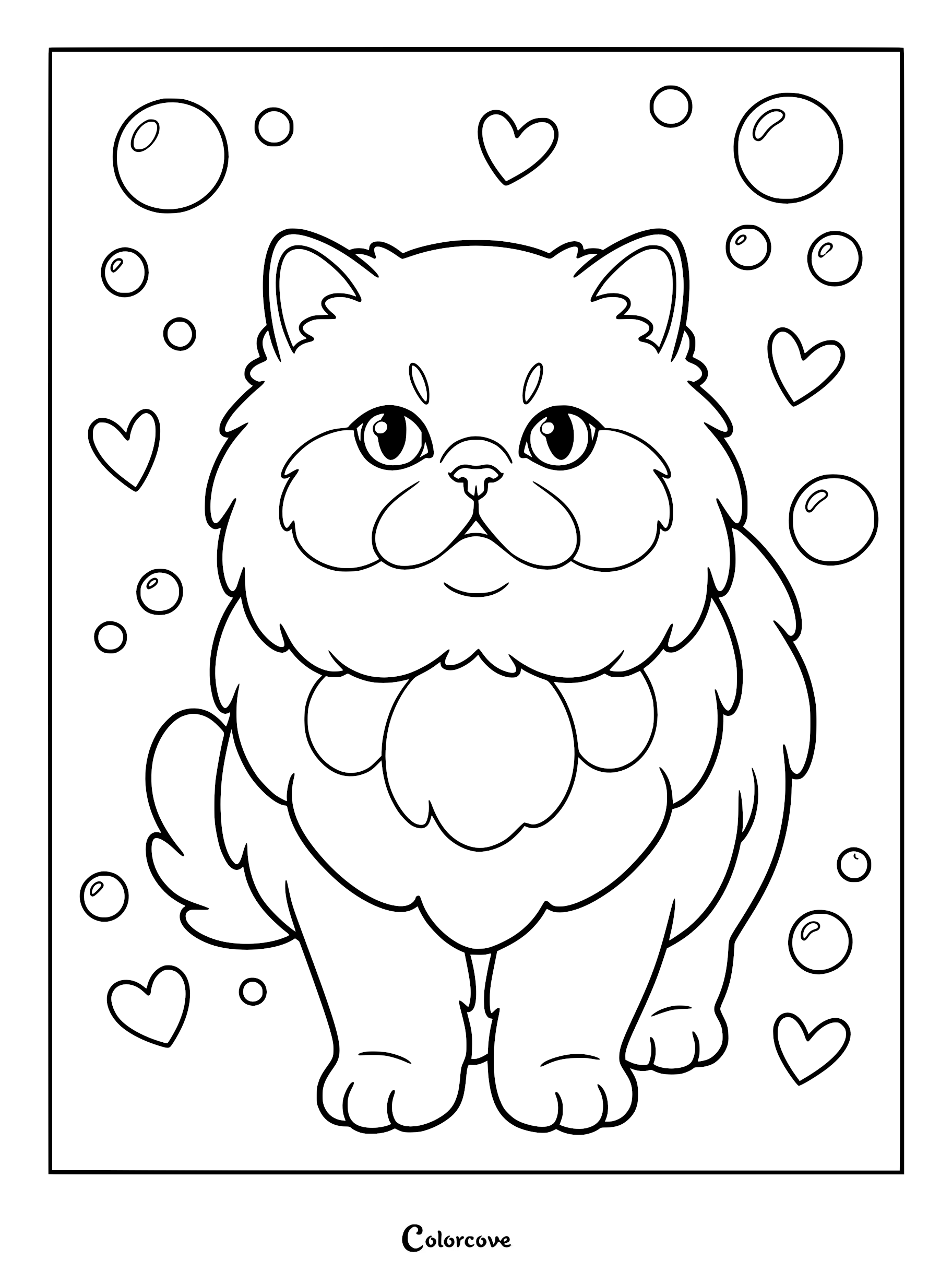 A detailed line art coloring page featuring a fluffy Persian cat with large expressive eyes surrounded by floating hearts.