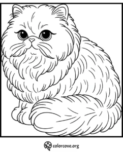 Fluffy cat coloring page for kids and adults featuring a detailed and adorable feline with a fluffy tail.