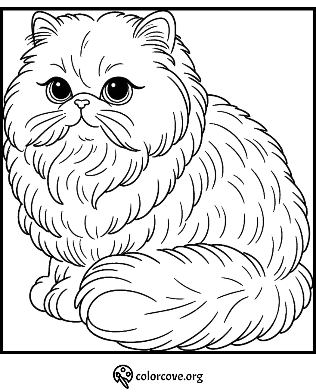 Fluffy cat coloring page for kids and adults featuring a detailed and adorable feline with a fluffy tail.