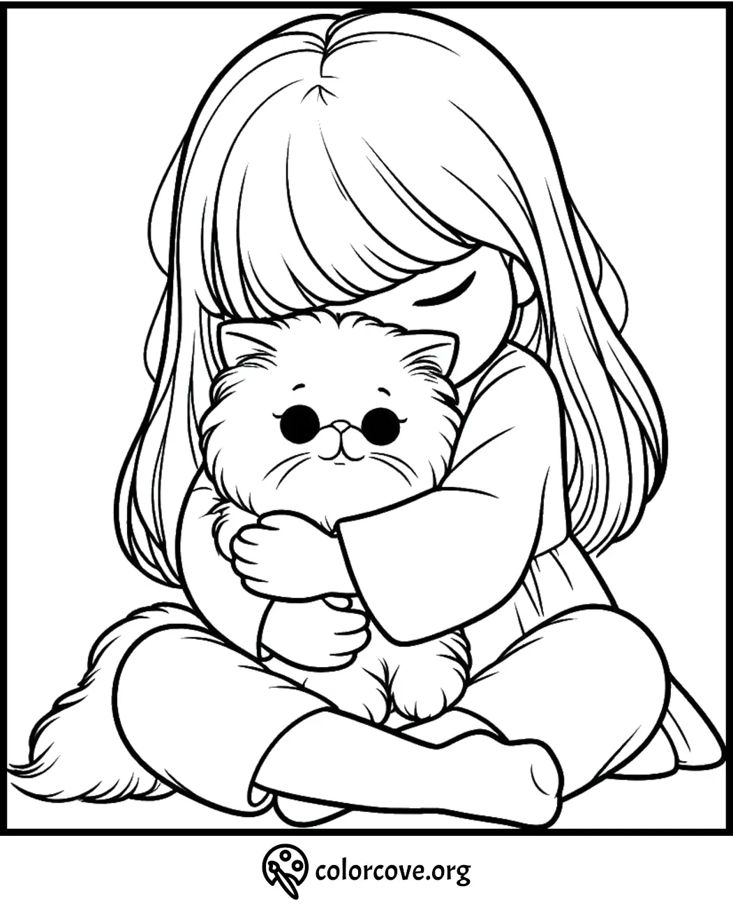 Child hugging a fluffy cat coloring page from Colorcove.org - perfect for kids who love animals and adorable moments.