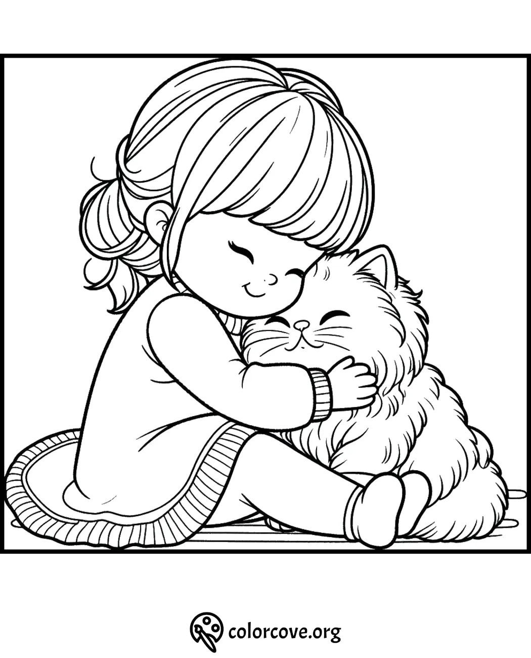 Young girl lovingly hugs a fluffy cat coloring page, perfect for kids and pet lovers to color. Visit colorcove.org for more.