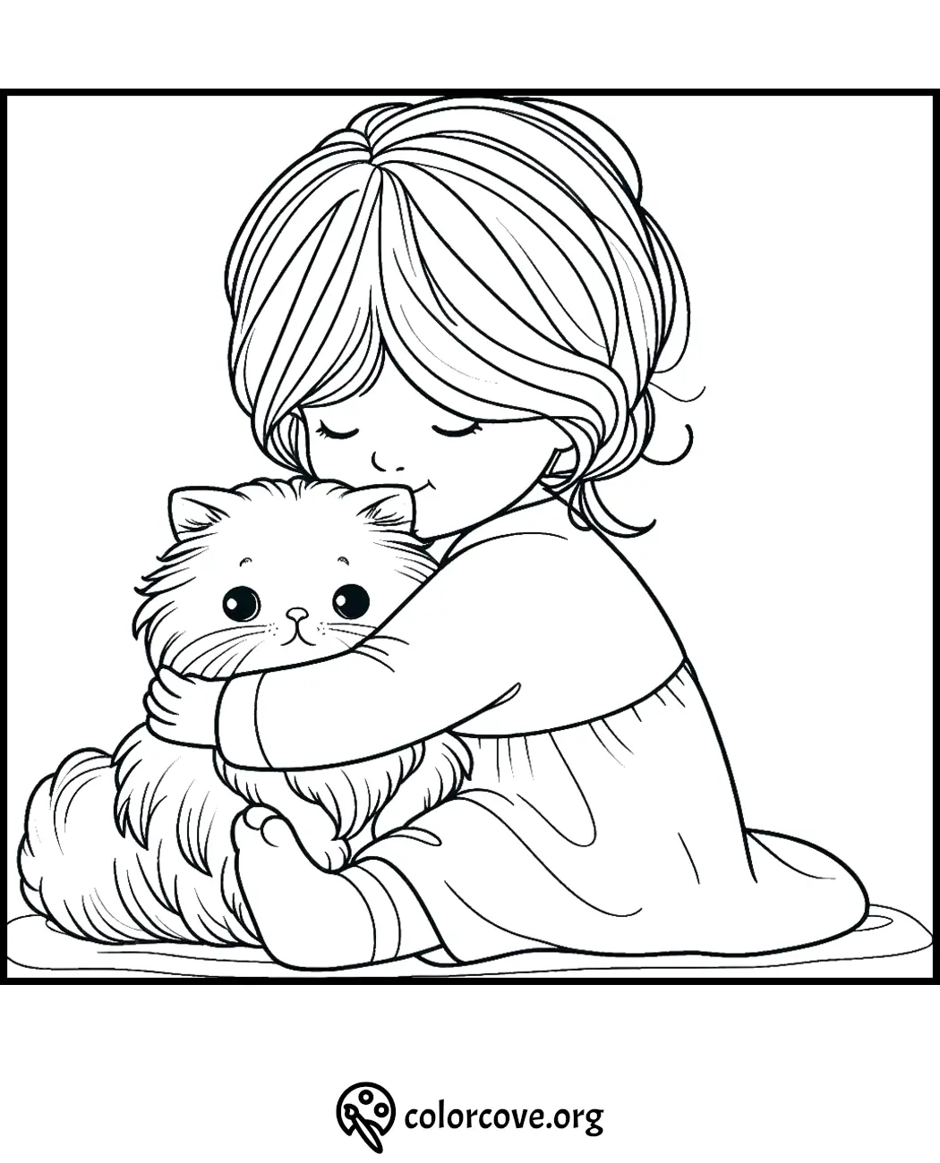 Coloring page: child hugging a fluffy cat, displaying love and tenderness. Perfect for kids' coloring activities.