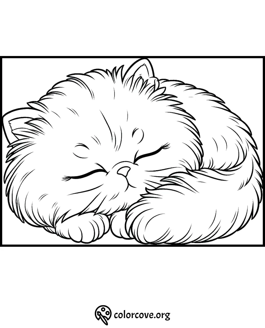 Adorable fluffy kitten sleeping coloring page for kids and adults to print and color. Download and enjoy this cute cat drawing.