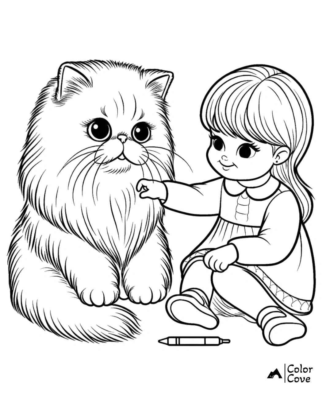 Coloring page of a young girl sitting and petting a fluffy cat with a crayon on the floor beside them, by Color Cove.