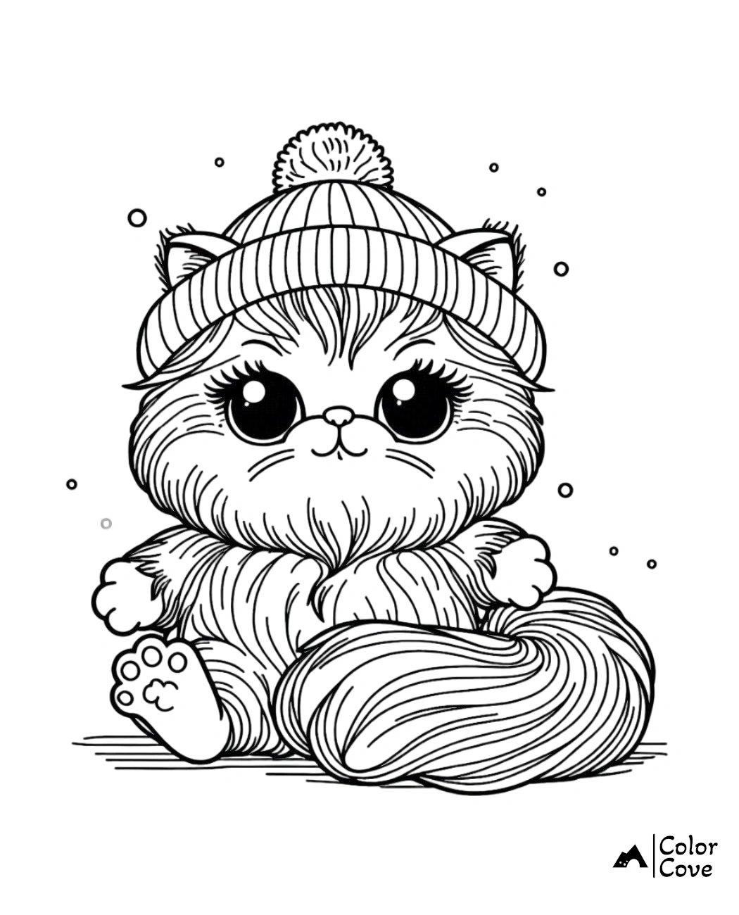 Cute kitten coloring page, featuring a fluffy cat wearing a winter hat. Ideal for kids' creative coloring activities.