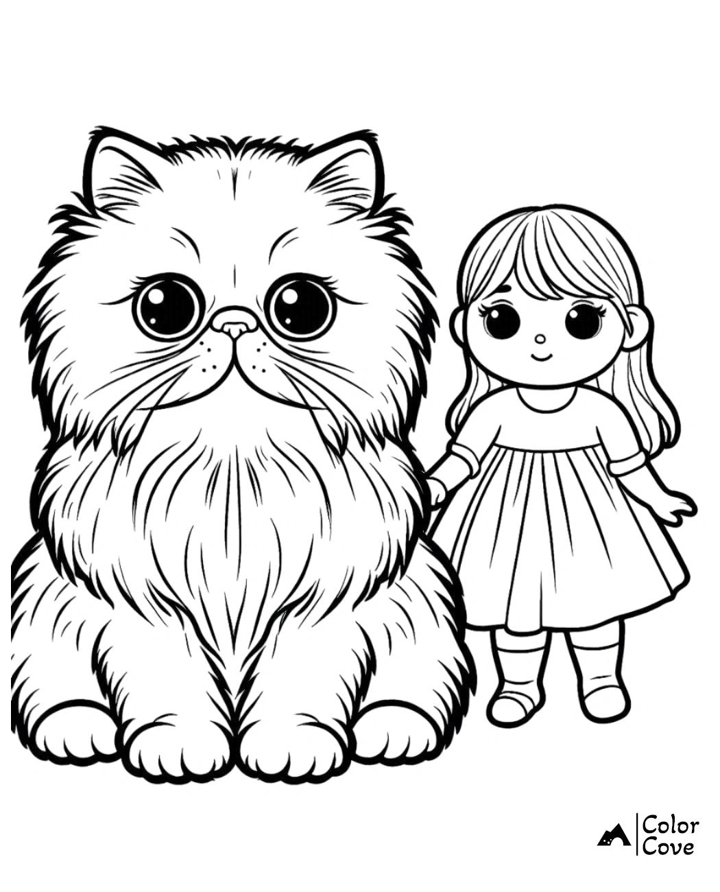 Cute coloring page featuring a large fluffy cat and a little girl holding hands, perfect for kids' fun and creative activities.