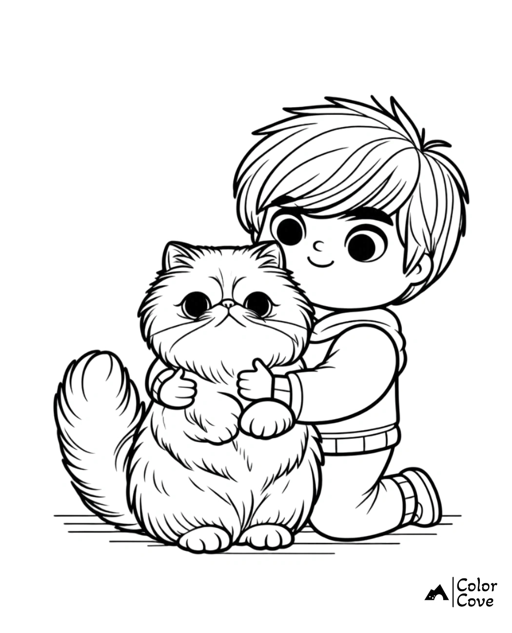 Child hugging a fluffy cat coloring page - fun activity for kids to color and enjoy, enhancing their creativity and motor skills.