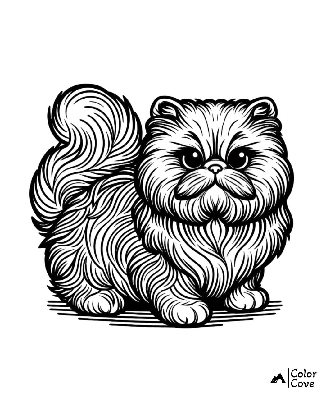 Detailed cat coloring page with intricate fur design, perfect for kids and adults. Black and white cat illustration.