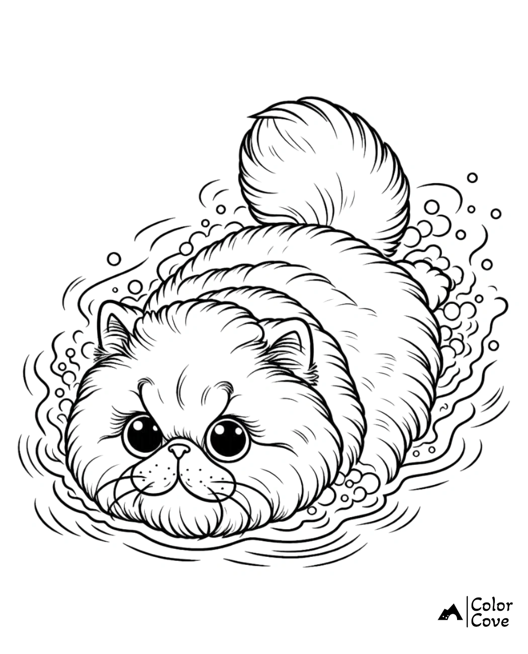 Cute fluffy cat swimming coloring page | Fun printable for kids & cat lovers | Free to download | Color Cove Coloring Pages