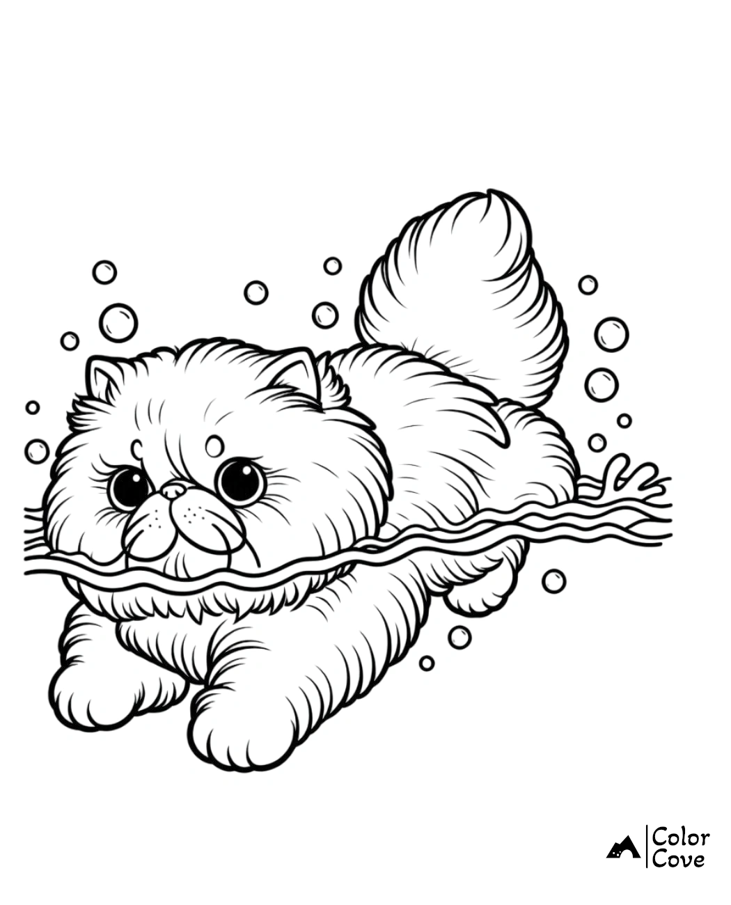 Cute cat swimming coloring page for kids, featuring bubbles and wavy water. Fun and adorable animal drawing to color.