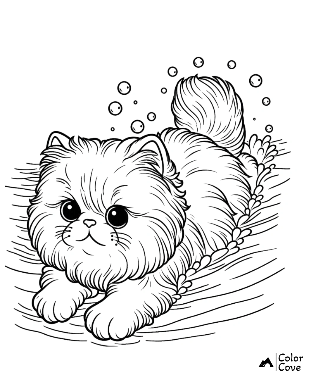 Cute fluffy kitten with big eyes relaxing in the garden, coloring page for kids and adults by Color Cove.