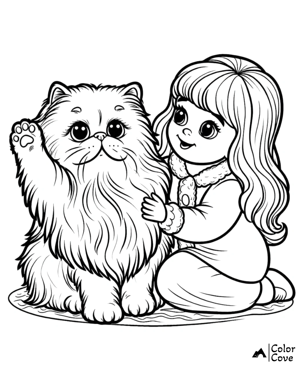 Coloring page featuring a young girl hugging a fluffy cat with raised paw, ideal for kids' creative activities.