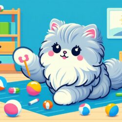 Cute cartoon fluffy cat playing with colorful toys in a room with a shelf and sunny painting – coloring page for kids.