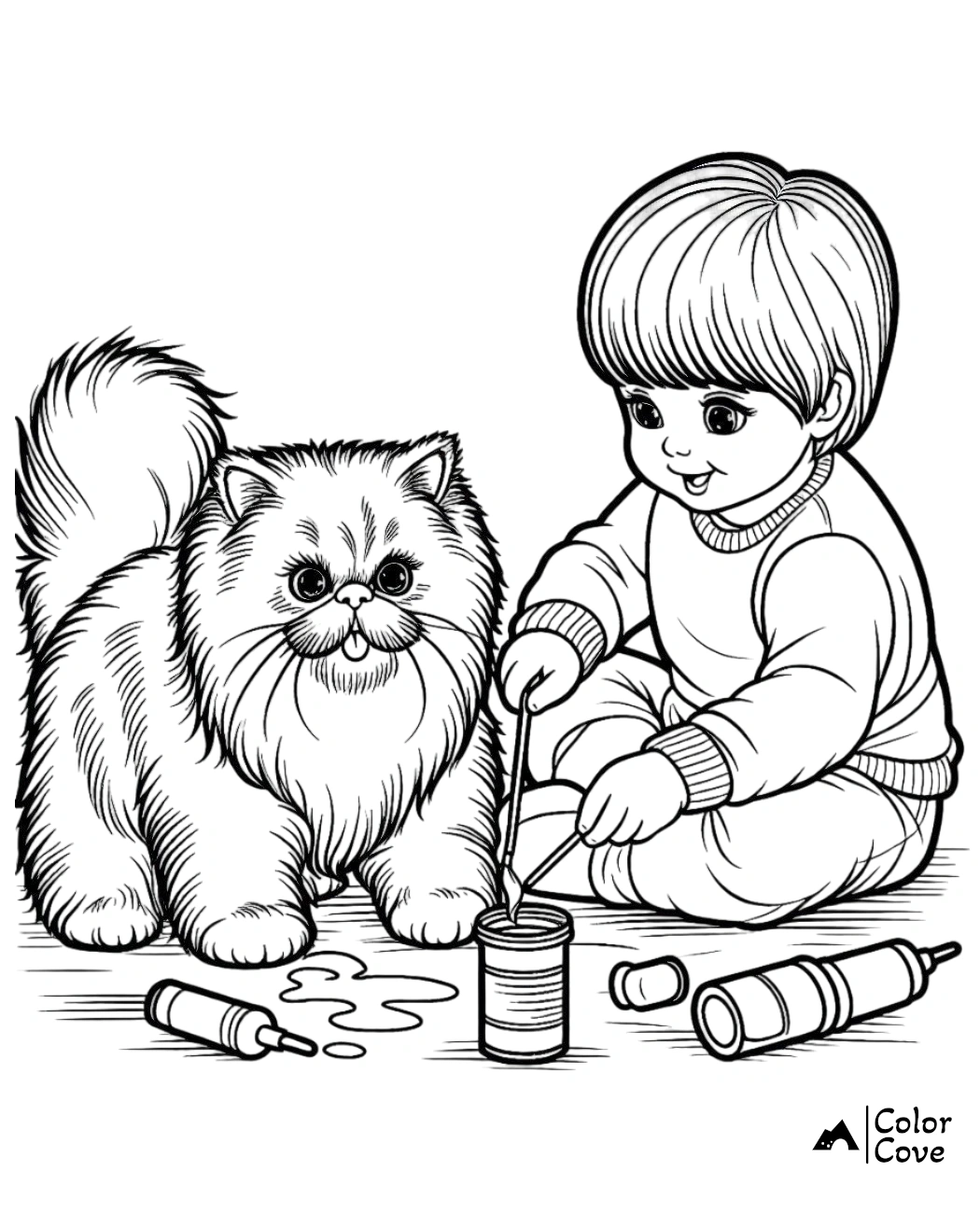 Child painting with a fluffy cat beside them. Kid-friendly printable coloring page featuring creative art activities and pets.