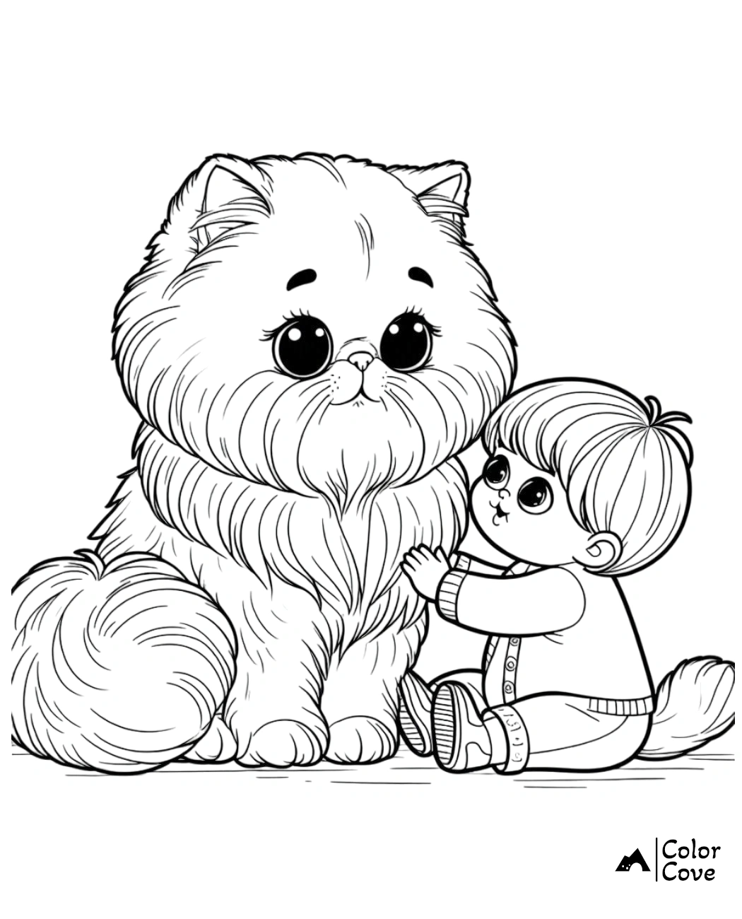 Child coloring page showing an adorable baby cuddling a fluffy, big-eyed puppy, created by Color Cove.