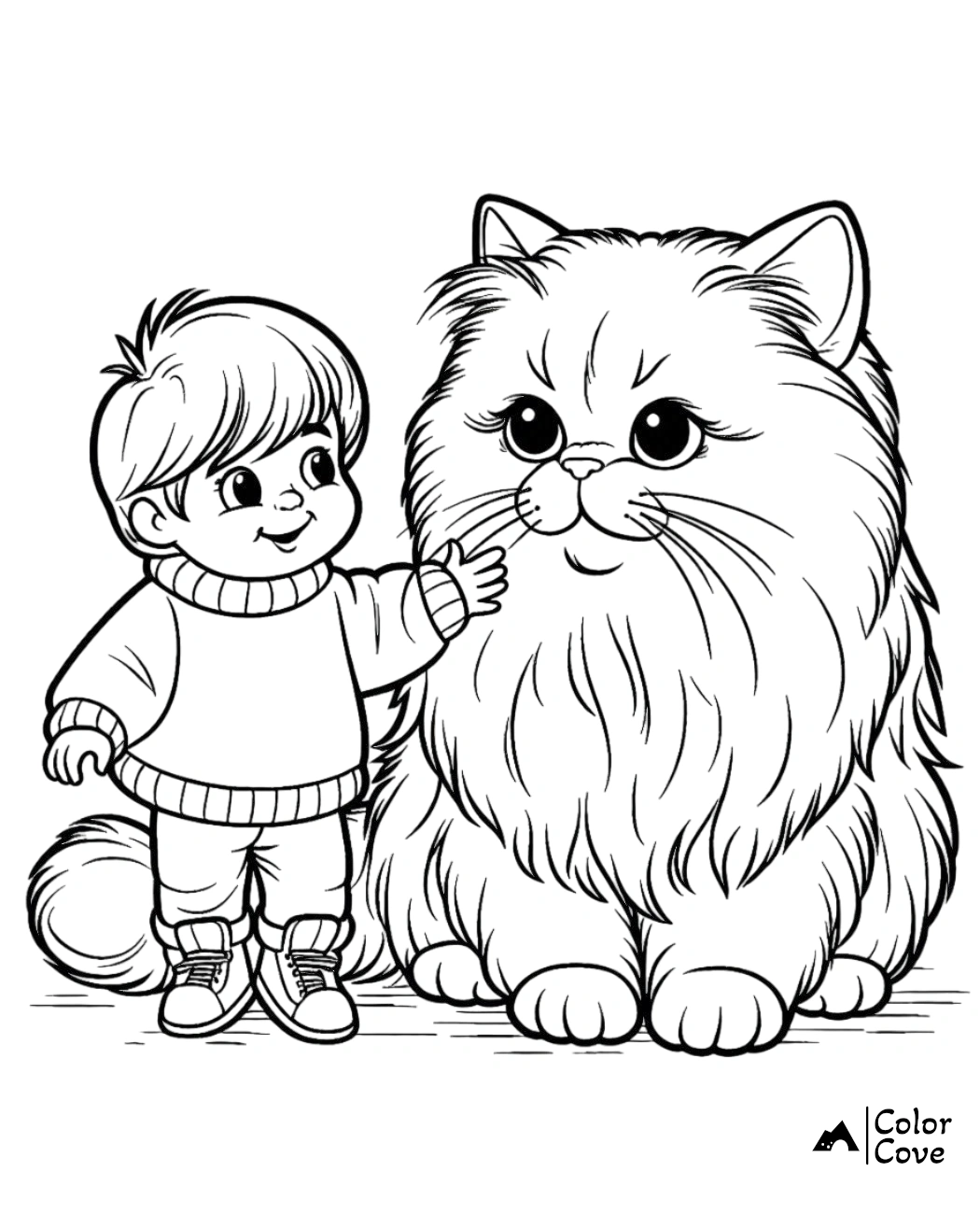 Coloring page of a smiling child petting a large, fluffy cat. Perfect for kids who love animals and coloring activities.