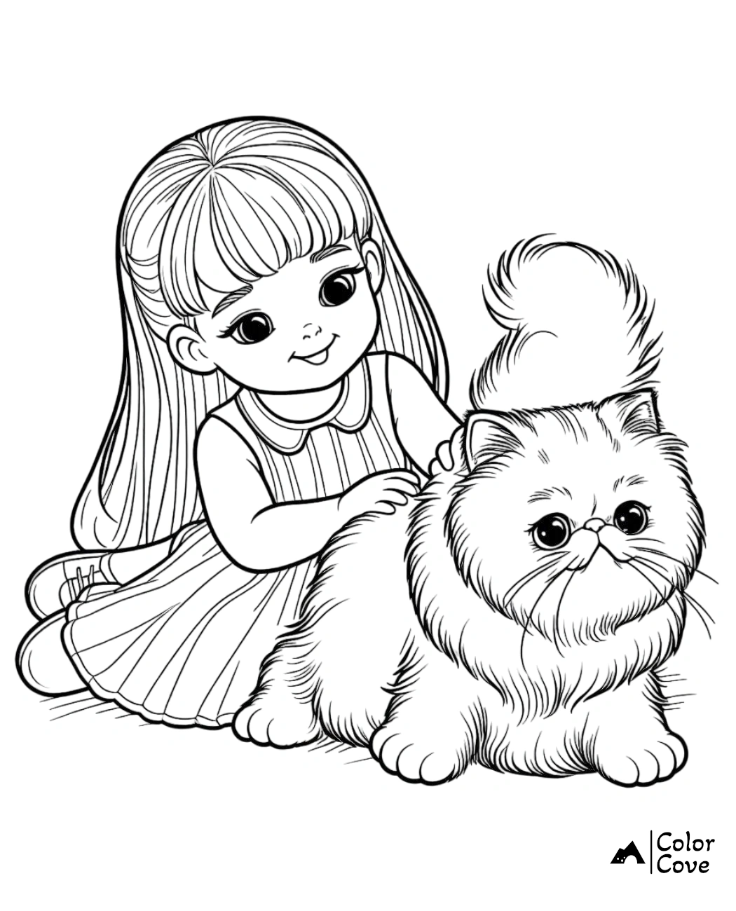 Girl petting a fluffy cat coloring page, perfect for kids to color and enjoy.