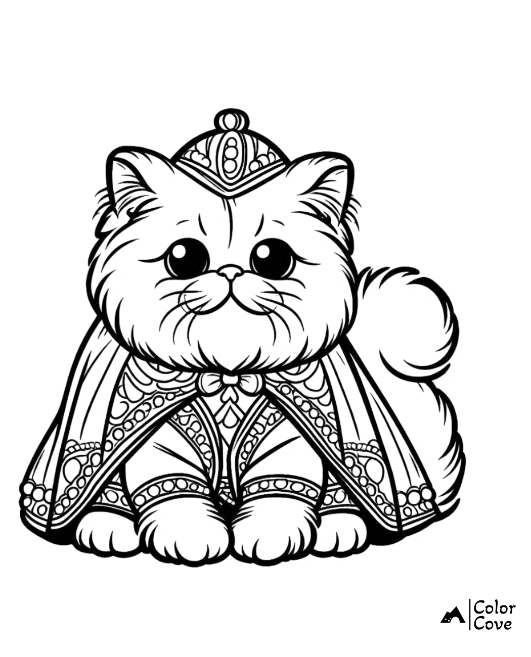 Cute cat wearing a royal cape and crown coloring page by Color Cove, perfect for kids and cat lovers to color.