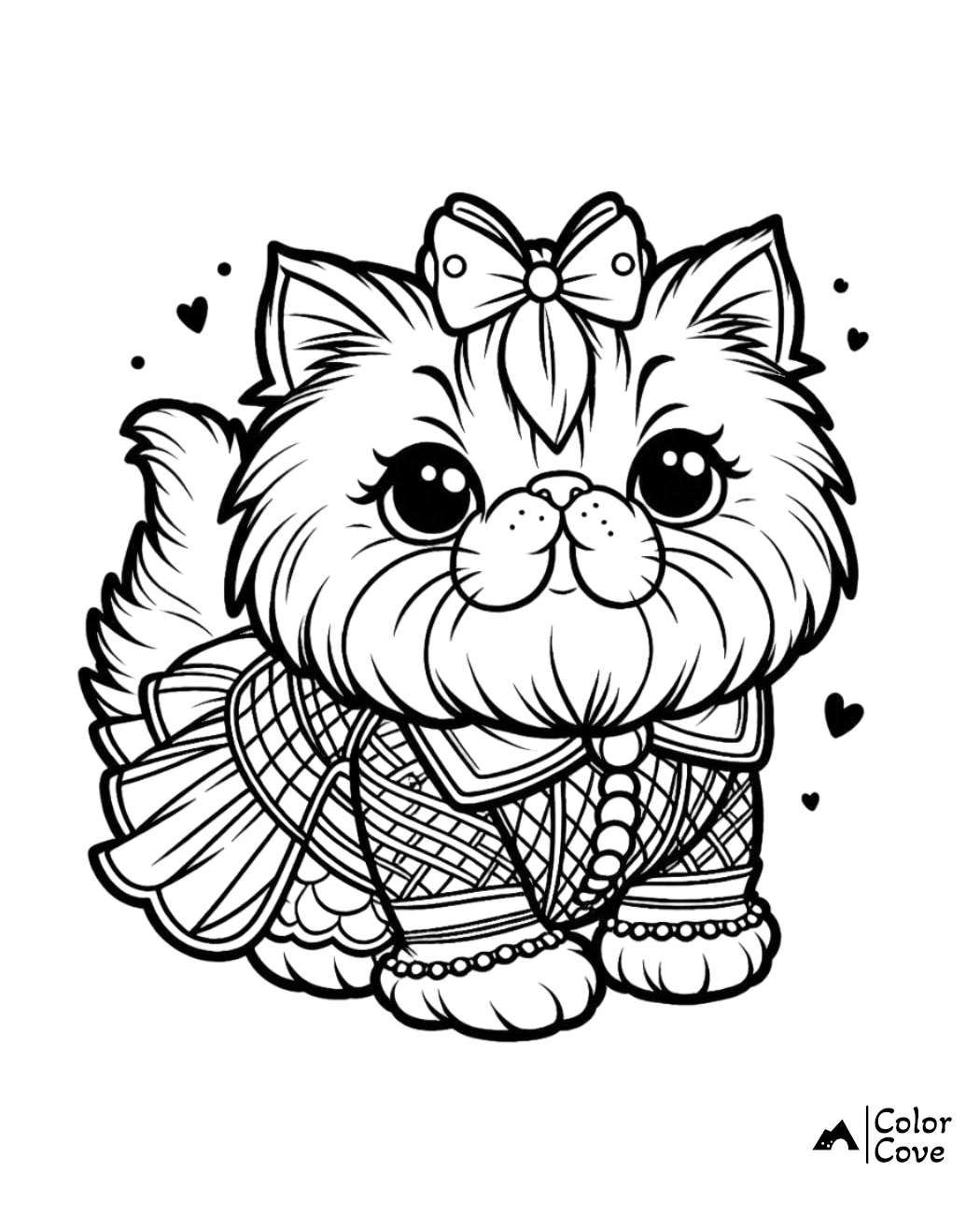 Adorable kitten coloring page with a cute bow and hearts. Perfect for kids and cat lovers. Detailed and intricate design.