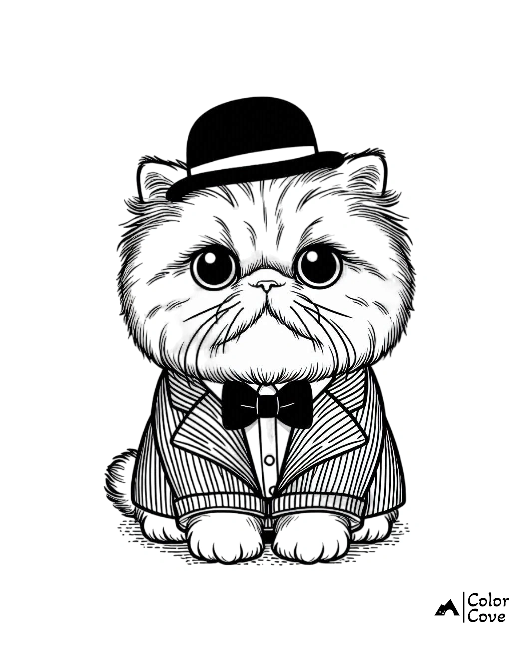 Cute cat coloring page featuring a fluffy cat in a suit and bow tie with a hat, perfect for kids and cat lovers.